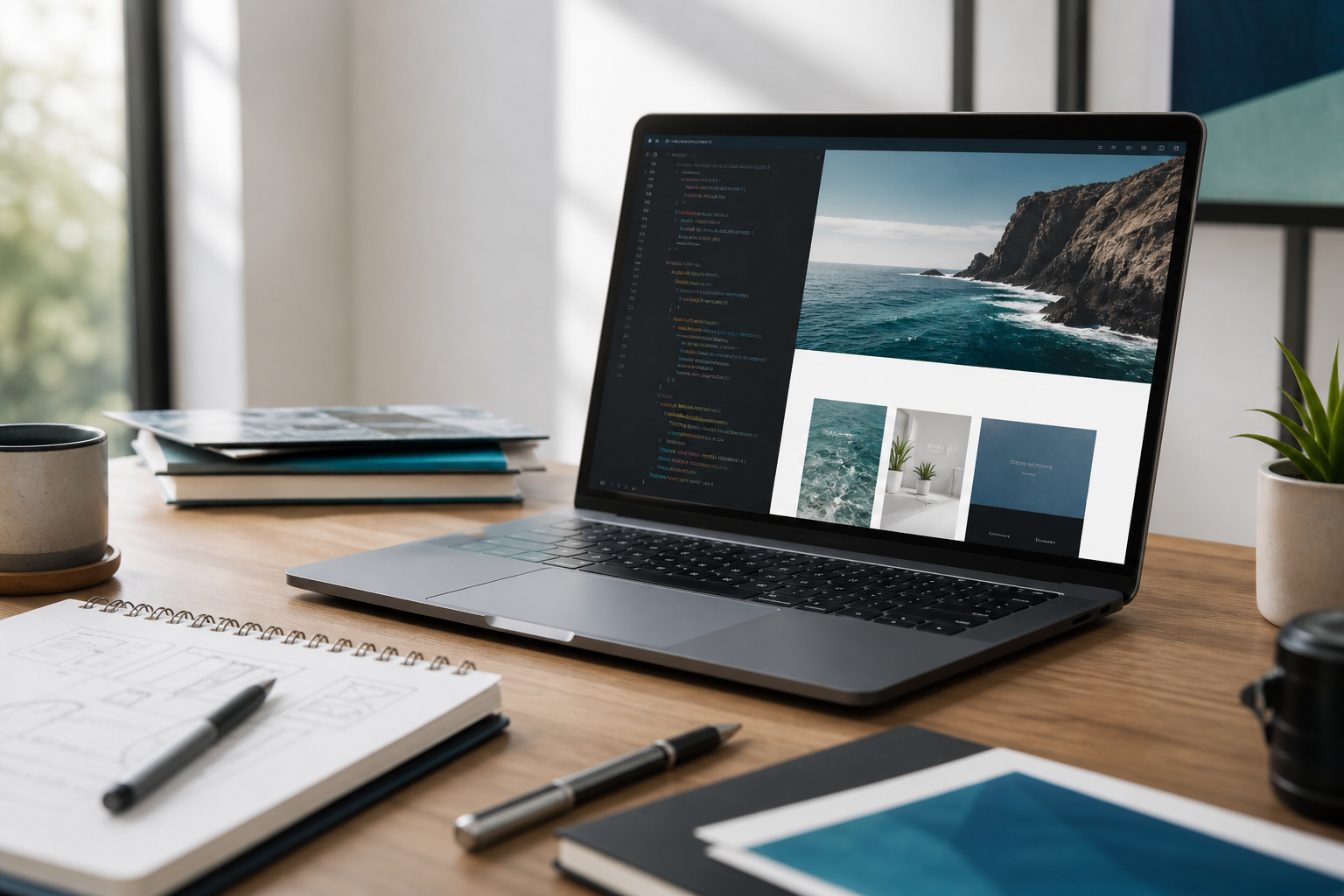 Espacio de trabajo de desarrollo web con portatil e interfaces digitales